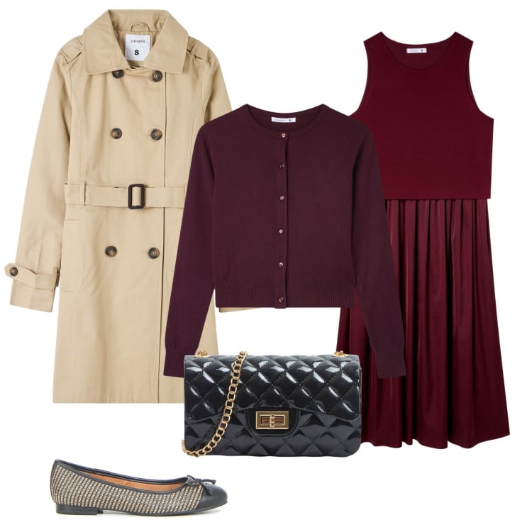Outfit donna - Rientro soft. Stile Casual chic per Tutti i giorni. Abbinamento con vestiti midi/longuette, cardigans, trench, borse a tracolla, ballerine.