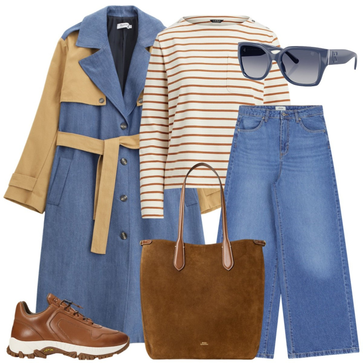 Outfit donna - In jeans. Stile Casual chic per Tutti i giorni. Abbinamento con trench, jeans, sneakers, occhiali da sole, borse tote, maglieria.
