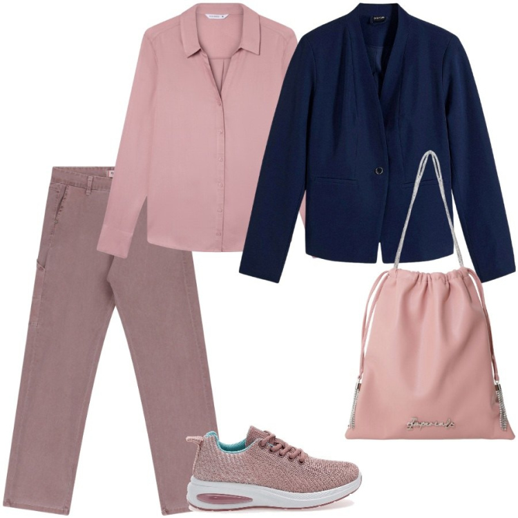 Outfit donna - Il rosa antico. Stile Casual chic per Ufficio. Abbinamento con blazer, camicie, jeans dritti, borse a secchiello, sneakers.