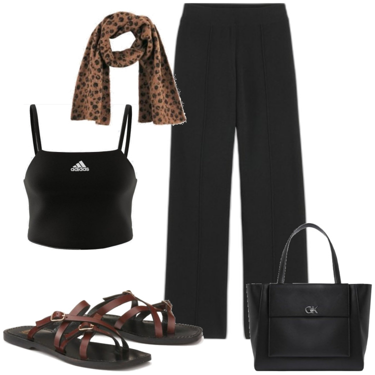 Outfit mujer - Casual #10058. Estilo Casual para Todos los días. Combinación con top, pantuflas, bolso tote, bufandas, pantalones.