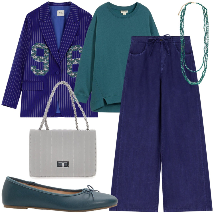 Outfit donna - Blazer 96. Stile Casual chic per Ufficio. Abbinamento con ballerine, felpe, pantaloni, blazer, borse a tracolla, collane.