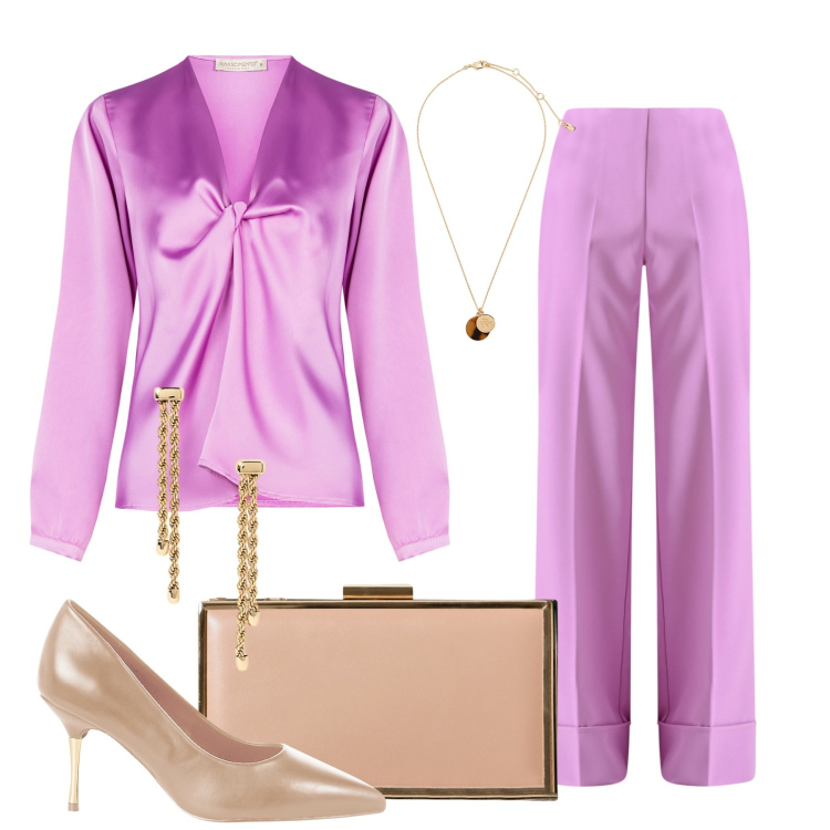 Outfit donna - Quando il rosa diventa elegante. Stile Chic per Tutti i giorni. Abbinamento con décolleté, pochette, bluse, pantaloni a palazzo, collane, orecchini.