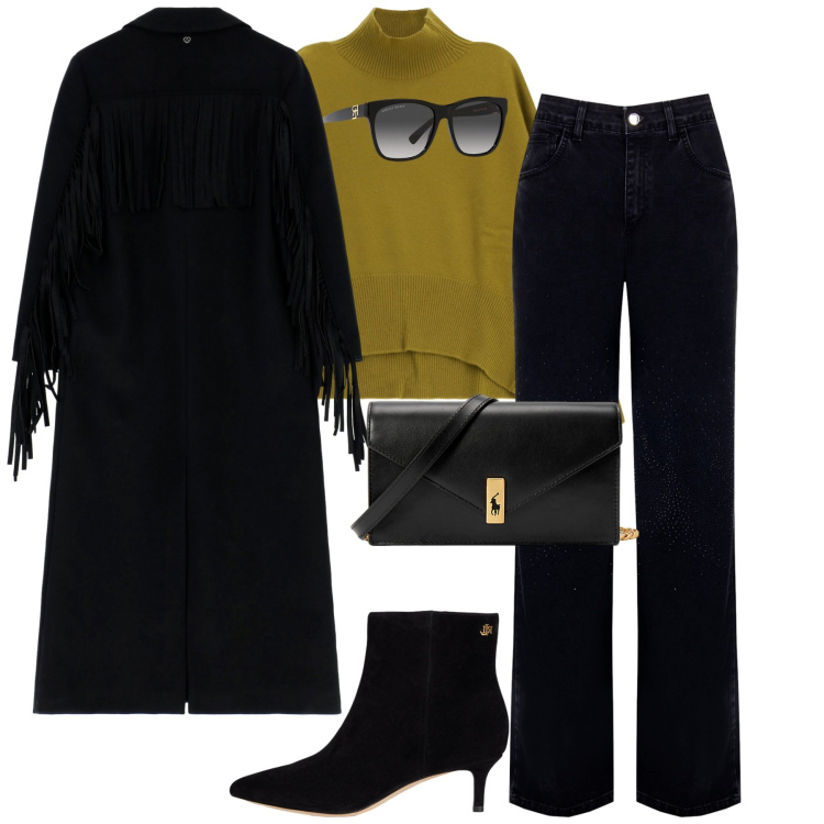 Outfit donna - Fall. Stile Urban per Tutti i giorni. Abbinamento con jeans dritti, cappotti, maglieria, occhiali da sole, clutch, stivaletti.