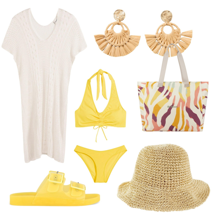 Outfit donna - Primo giorno di mare. Stile Casual per Mare. Abbinamento con bikini, vestiti da spiaggia, cappelli, orecchini, shopping bag, sandali.