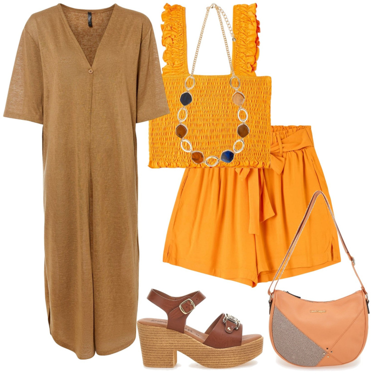 Outfit donna - Total look #2243652. Stile Chic per Serata fuori. Abbinamento con cardigans, shorts, top, borse a tracolla, collane, sandali col tacco.