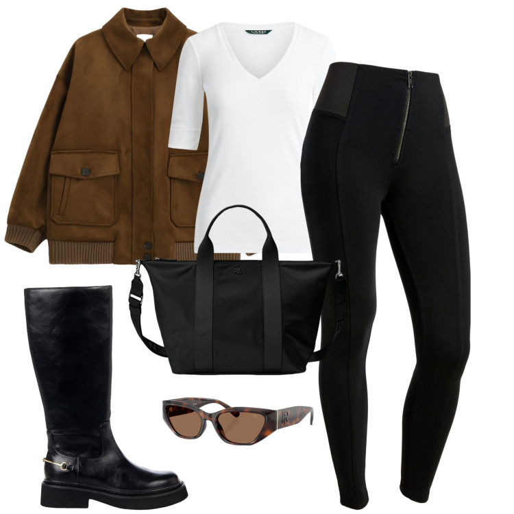 Outfit donna - City. Stile Sporty chic per Tutti i giorni. Abbinamento con stivali sopra il ginocchio, pantaloni skinny, cappotti, t-shirt, borse tote, occhiali da sole.