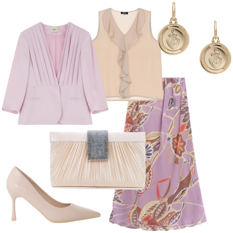 Outfit donna - Total look #2243656. Stile Bon Ton per Cerimonia. Abbinamento con décolleté, top, blazer, gonne lunghe, orecchini, pochette.