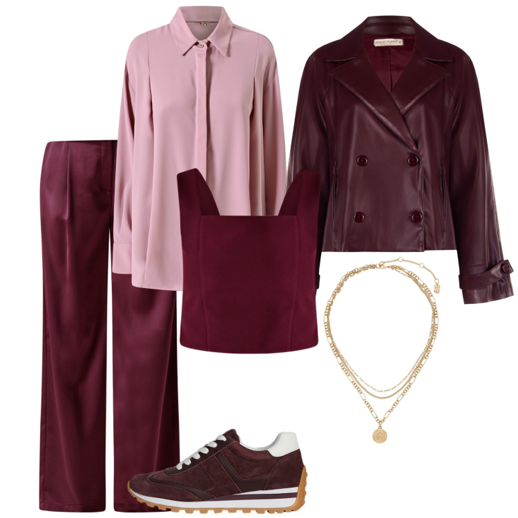 Outfit donna - Mixaggio. Stile Casual chic per Tutti i giorni. Abbinamento con giacche, pantaloni a palazzo, top, camicie, sneakers, ciondoli.