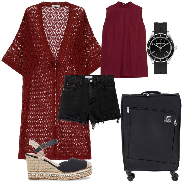 Outfit donna - Total look #2243659. Stile Chic per Tutti i giorni. Abbinamento con top, shorts, orologi, trench, valigie, zeppe.