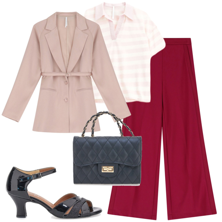 Outfit donna - Sandali in vernice. Stile Glamour per Tutti i giorni. Abbinamento con pantaloni a palazzo, blazer, polo, borse a tracolla, décolleté.