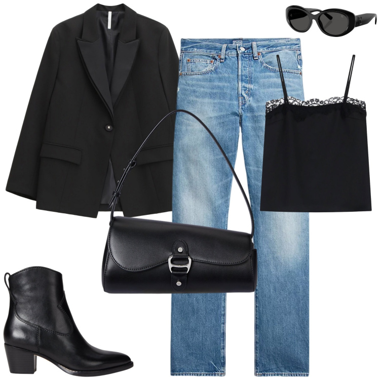Outfit donna - Fall. Stile Casual chic per Tutti i giorni. Abbinamento con blazer, canottiere, jeans dritti, occhiali da sole, stivaletti, borse a spalla.