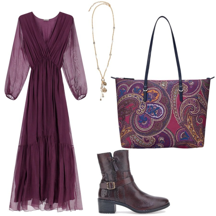 Outfit donna - La versatilità dell\'abito. Stile Chic per Serata fuori. Abbinamento con vestiti lunghi, borse tote, stivaletti texani, ciondoli.