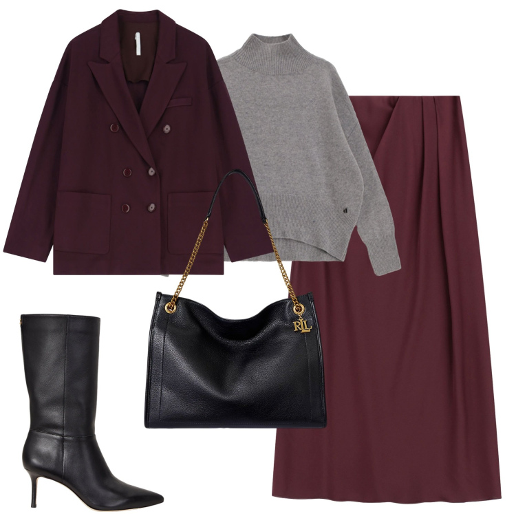 Outfit donna - City. Stile Trendy per Tutti i giorni. Abbinamento con cappotti, maglieria, gonne lunghe, stivali, borse tote.