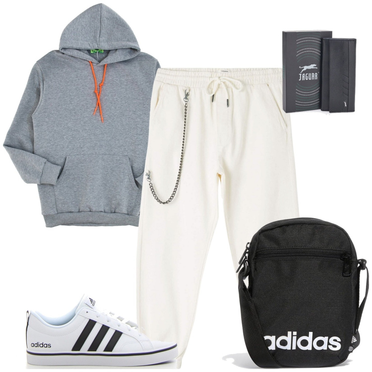 Outfit uomo - Total look #2243672. Stile Casual per Sport. Abbinamento con pantaloni sportivi, felpe con cappuccio, portachiavi, borse sportive, sneakers.