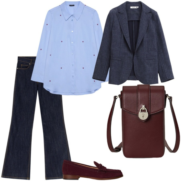 Outfit donna - Ia tracolla porta cellulare. Stile Casual chic per Ufficio. Abbinamento con blazer, jeans a zampa, mocassini, borse a tracolla, camicie.