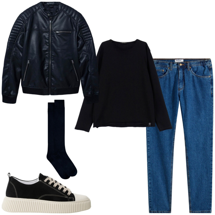 Outfit uomo - Total look #2243674. Stile Casual per Tutti i giorni. Abbinamento con jeans dritti, giacche, felpe, sneakers, calzini.