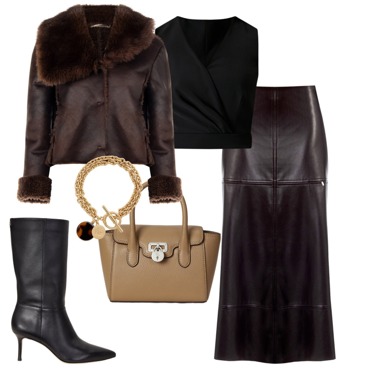 Outfit donna - Rinascimento. Stile Chic per Tutti i giorni. Abbinamento con giacche, gonne longuette, top, stivali, braccialetti con ciondoli, borse a mano.