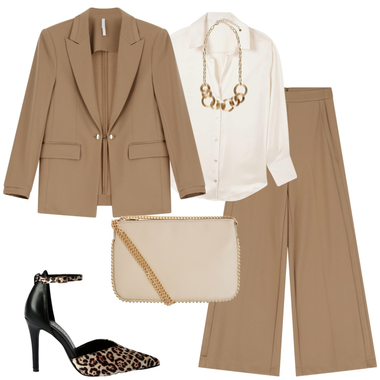 Outfit donna - Fall. Stile Chic per Tutti i giorni. Abbinamento con borse a tracolla, camicie, décolleté, pantaloni a palazzo, blazer, collane.