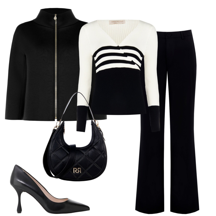Outfit donna - Black and White. Stile Minimal per Tutti i giorni. Abbinamento con maglieria, borse a tracolla, pantaloni, cappe, décolleté.