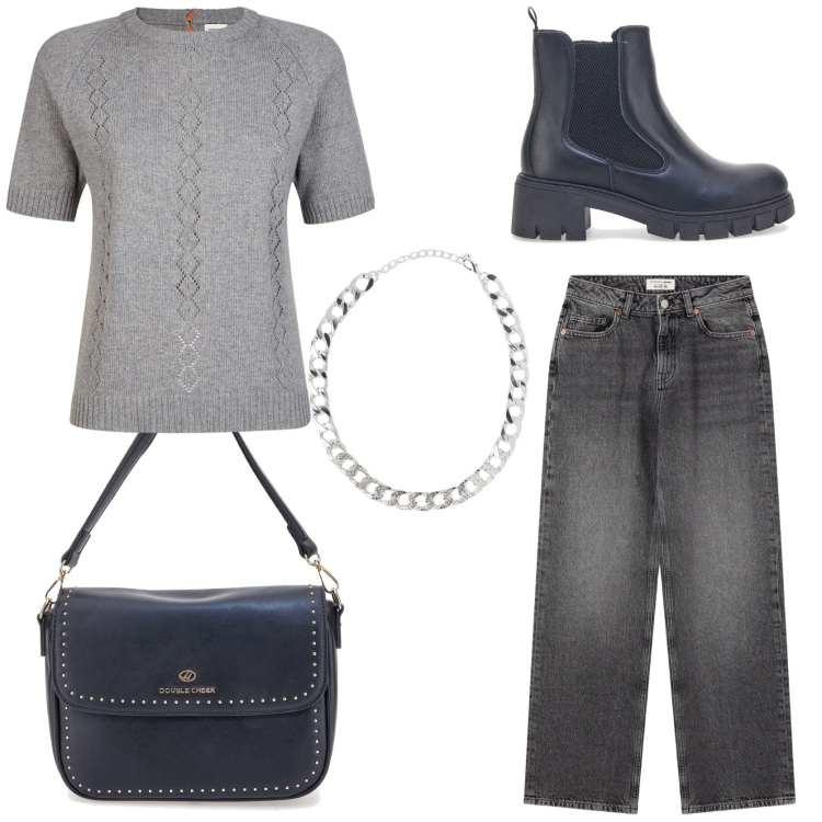 Outfit donna - Total grey. Stile Casual per Tutti i giorni. Abbinamento con jeans, collane, maglieria, stivaletti chelsea, borse a tracolla.