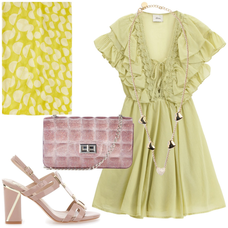 Outfit donna - Total look #2243698. Stile Chic per Serata fuori. Abbinamento con borse a tracolla, collane, vestiti corti, stole, sandali col tacco.