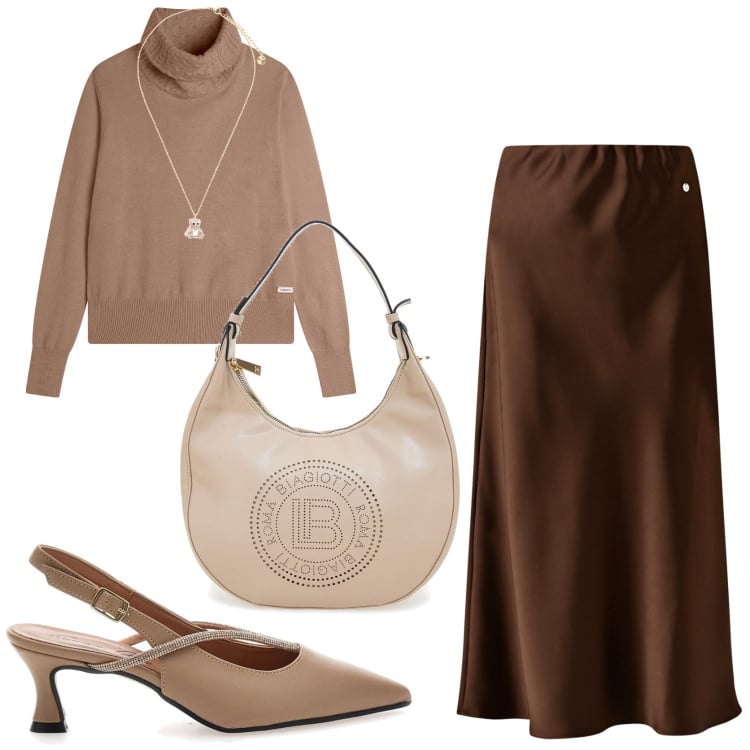 Outfit donna - Satin skirt. Stile Chic per Ufficio. Abbinamento con gonne longuette, maglieria, ciondoli, décolleté, borse a spalla.