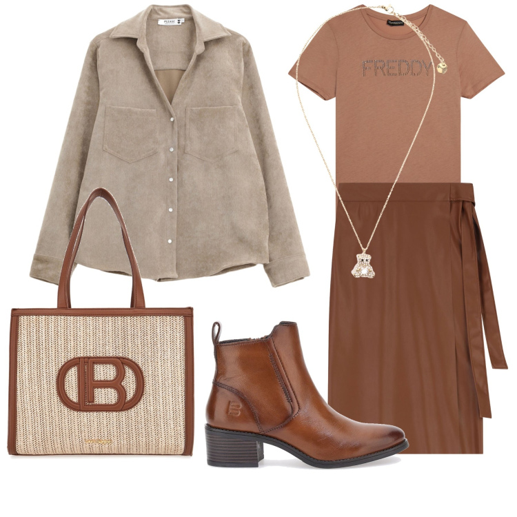 Outfit donna - Comodamente alla scrivania. Stile Urban per Ufficio. Abbinamento con camicie, t-shirt, ciondoli, gonne longuette, stivaletti, borse a spalla.