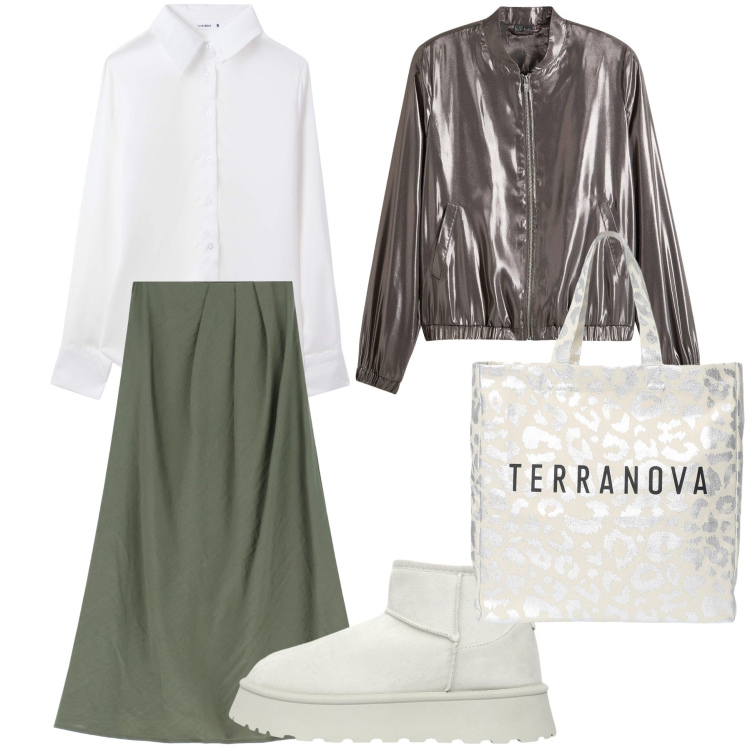 Outfit donna - Camicia bianca e ok per la giornata. Stile Urban per Ufficio. Abbinamento con bomber, camicie, borse tote, stivaletti, gonne lunghe.