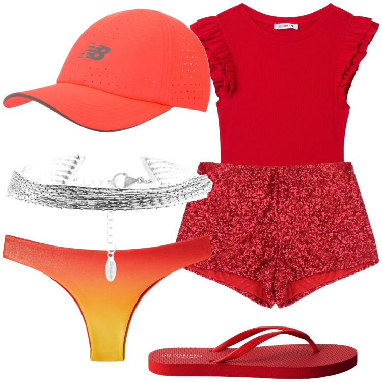 Outfit donna - Allegro mare di settembre. Stile Trendy per Mare. Abbinamento con t-shirt, infradito, bikini, cappelli con visiera, shorts, braccialetti.