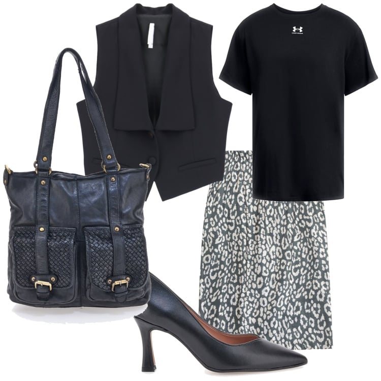 Outfit donna - Gonna t-shirt e gilet. Stile Urban per Ufficio. Abbinamento con gonne, gilet, t-shirt, borse a spalla, décolleté.