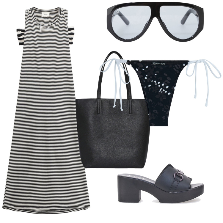Outfit donna - Sono ancora al mare. Stile Trendy per Mare. Abbinamento con borse tote, occhiali da sole, bikini, vestiti lunghi, zoccoli.