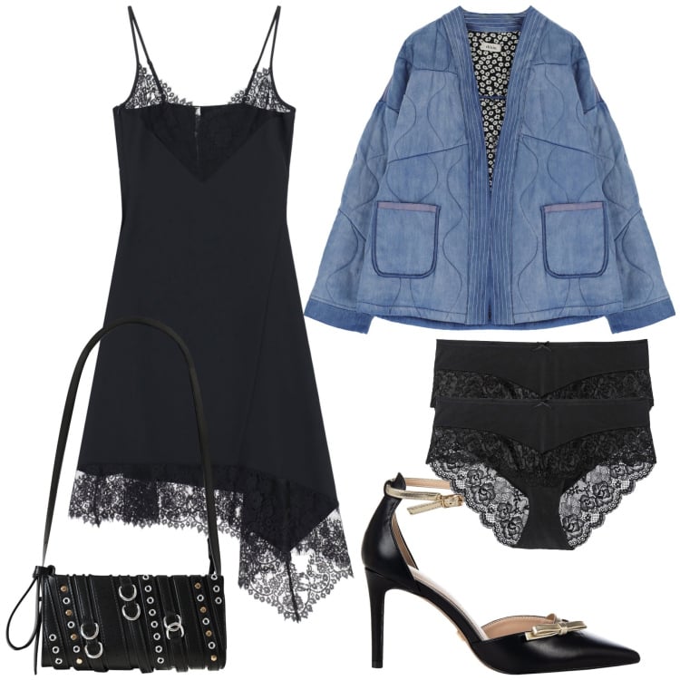 Outfit donna - Jeans sul pizzo. Stile Glamour per Serata fuori. Abbinamento con culotte, décolleté, borse a spalla, vestiti asimmetrici, blazer.