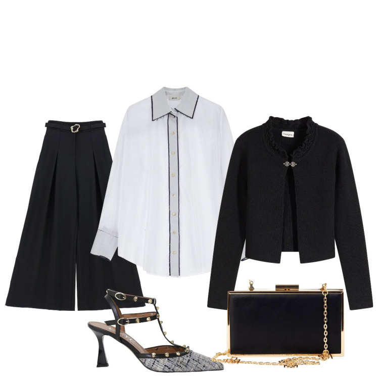 Outfit donna - Cerimonia di settembre. Stile Chic per Cerimonia. Abbinamento con cardigans, pochette, pantaloni, camicie, décolleté.