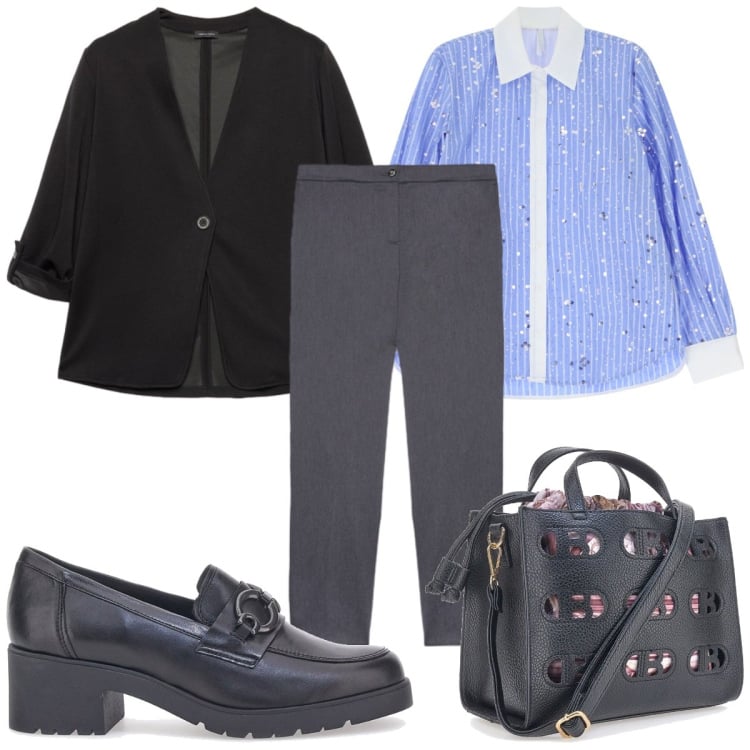 Outfit donna - Torno in ufficio: mannish. Stile Mannish per Ufficio. Abbinamento con camicie, borse a mano, mocassini, pantaloni, blazer.