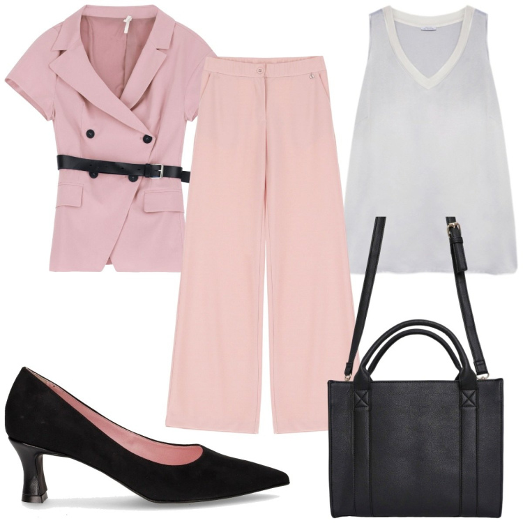 Outfit donna - Torno in ufficio: trendy. Stile Trendy per Ufficio. Abbinamento con borse tote, blazer, pantaloni, décolleté, top.