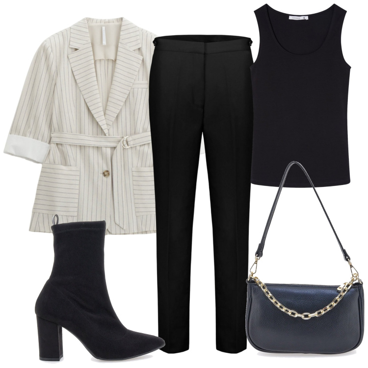 Outfit donna - Blazer Season. Stile Casual per Tutti i giorni. Abbinamento con top, blazer, pantaloni, stivaletti, borse a tracolla.