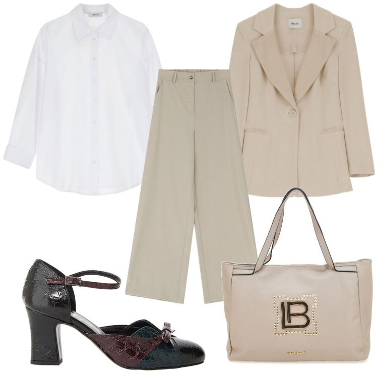 Outfit donna - Mille abbinamenti con la camicia bianca:. Stile Casual per Ufficio. Abbinamento con pantaloni a palazzo, camicie, blazer, décolleté, borse a spalla.