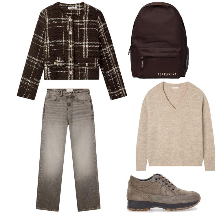 Outfit donna - Ritorno a scuola. Stile Sporty chic per Scuola/Università. Abbinamento con zaini, blazer, jeans dritti, maglieria, scarpe stringate.