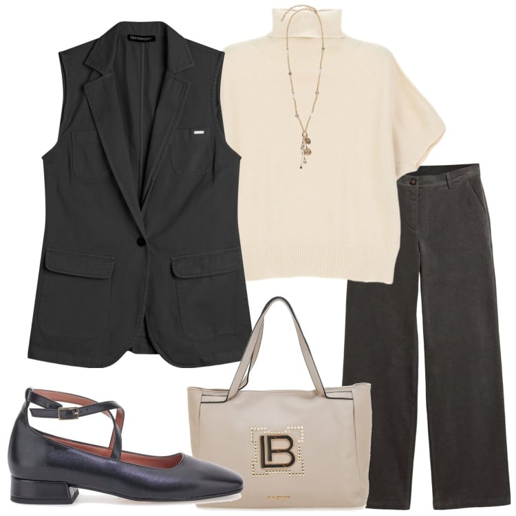 Outfit donna - Torno in ufficio. Stile Urban per Ufficio. Abbinamento con pantaloni, maglieria, gilet, ballerine, borse a spalla, ciondoli.
