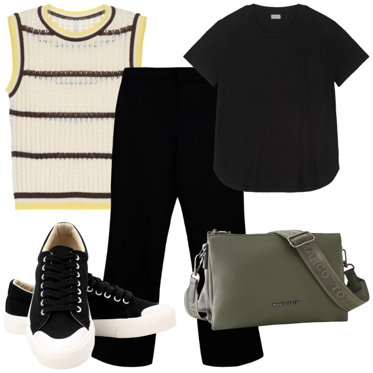 Outfit donna - Il gilet a righe. Stile Casual per Tutti i giorni. Abbinamento con borse a tracolla, pantaloni, top, sneakers, t-shirt.