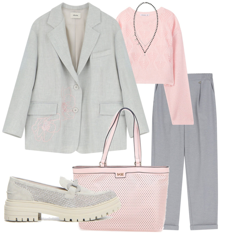 Outfit donna - Torno in ufficio. Stile Casual chic per Ufficio. Abbinamento con maglieria, collane, blazer, pantaloni, mocassini, borse a spalla.