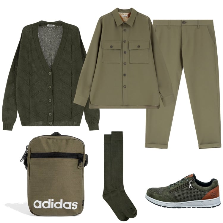 Outfit uomo - Autunno con stile. Stile Urban per Tutti i giorni. Abbinamento con pantaloni chino, cardigans, camicie, scarpe stringate, borse sportive, calzini.