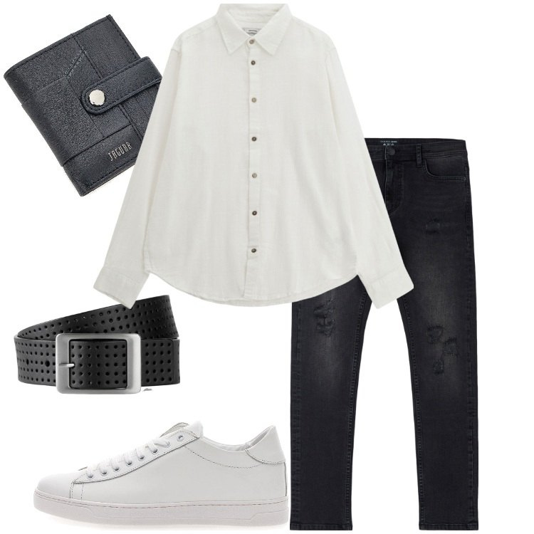 Outfit uomo - Jeans scuri e camicia bianca. Stile Trendy per Tutti i giorni. Abbinamento con cinture, jeans strappati, camicie, portafogli, sneakers.