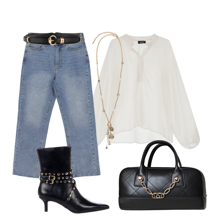 Outfit donna - Romantico casual. Stile Romantica per Serata fuori. Abbinamento con cinture, stivaletti, borse a mano, jeans slim fit, camicie, ciondoli.