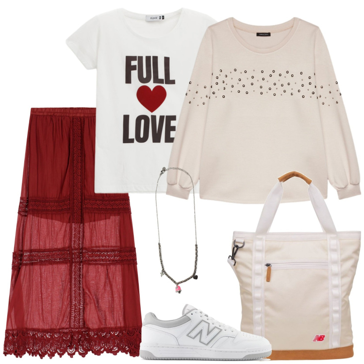 Outfit donna - La gonna in pizzo. Stile Casual chic per Scuola/Università. Abbinamento con sneakers, shopping bag, t-shirt, ciondoli, gonne lunghe, felpe.