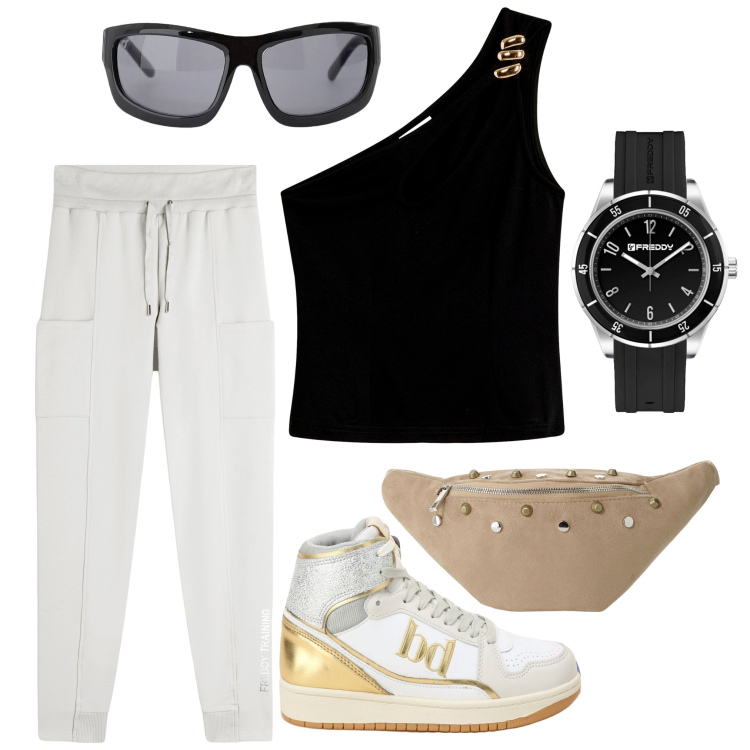 Outfit donna - Un giro sportiva. Stile Sporty chic per Tutti i giorni. Abbinamento con top, occhiali da sole, orologi, pantaloni, sneakers alte, marsupi.