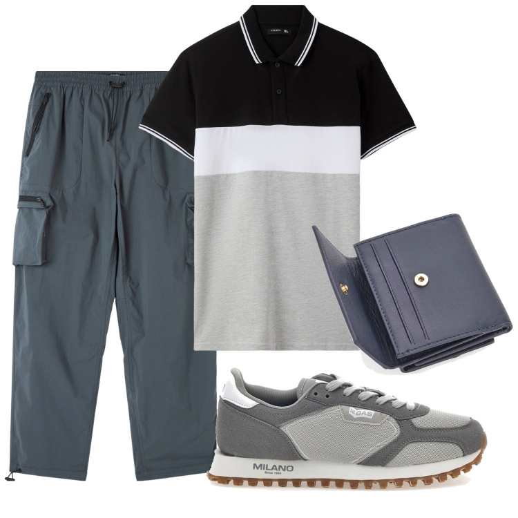 Outfit uomo - I pantaloni con le tasche. Stile Urban per Tutti i giorni. Abbinamento con pantaloni cargo, polo, sneakers, portafogli.