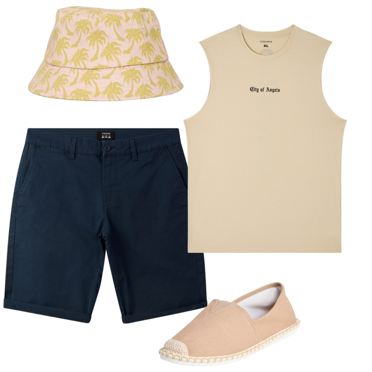 Outfit uomo - Fa caldo. Stile Trendy per Tutti i giorni. Abbinamento con canottiere, espadrillas, cappelli con visiera, bermuda.