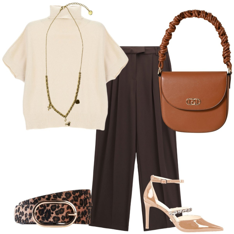Outfit donna - Ufficio 2.0. Stile Casual chic per Ufficio. Abbinamento con cinture, borse a mano, décolleté, maglieria, pantaloni, ciondoli.