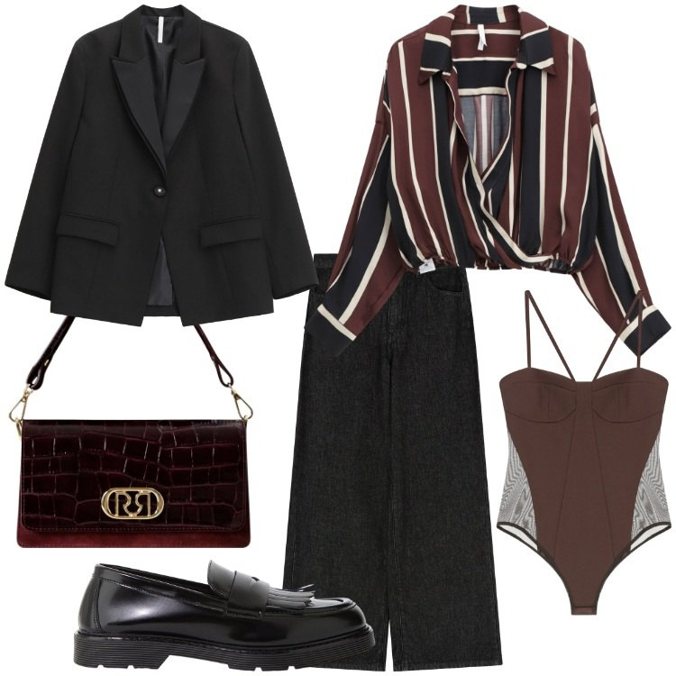 Outfit donna - Blazer Season. Stile Trendy per Tutti i giorni. Abbinamento con borse a mano, camicie, body, blazer, pantaloni a palazzo, mocassini.